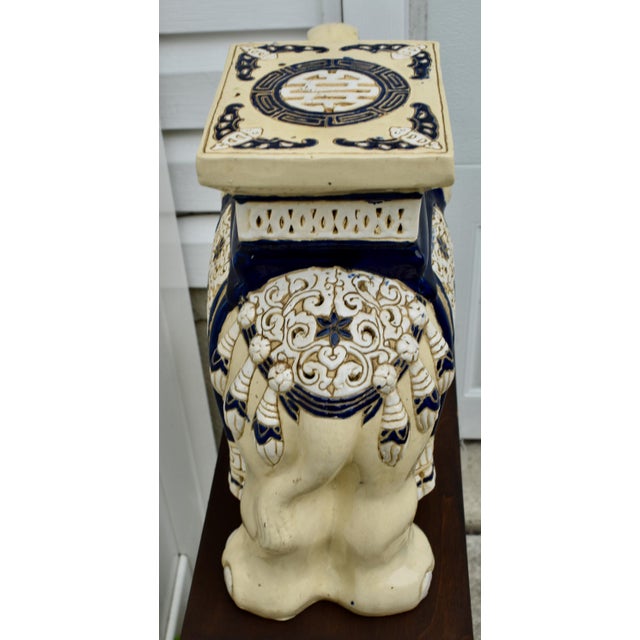 Ceramic Elephant Garden Stool Side Table Plant Stand Chinese Cream Blue For Sale - Image 14 of 15