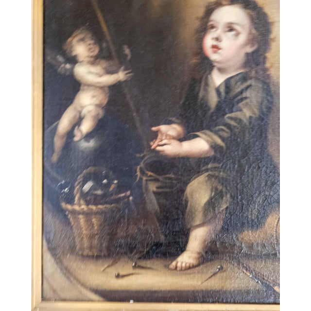 17/18th C. Spanish School Painting of Boy With Passion Attributes, Follower of Bartolomeo Esteban Murillo For Sale - Image 10 of 18