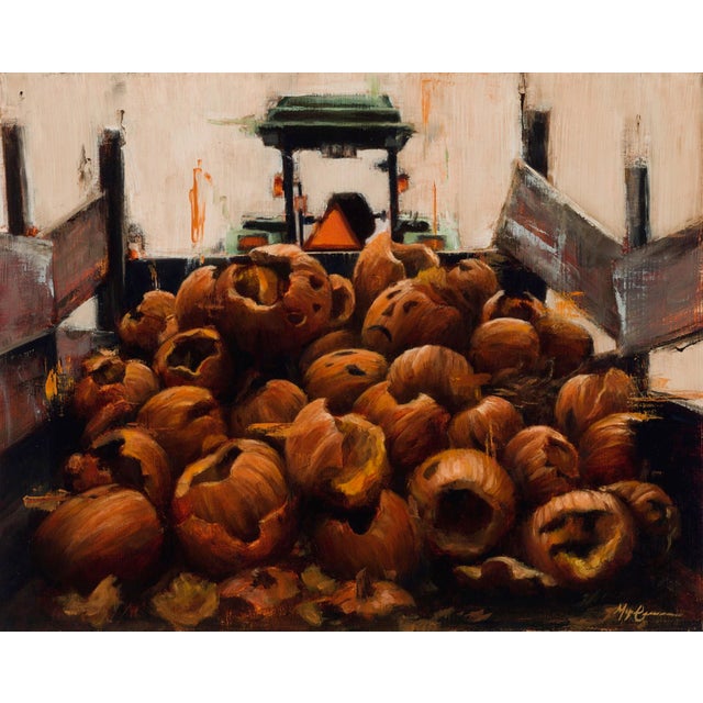 The End of Our Season by Morgan Cameron | Oil on panel Still life of discarded pumpkins in a truck. For Sale