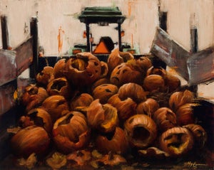 The End of Our Season by Morgan Cameron | Oil on panel Still life of discarded pumpkins in a truck.