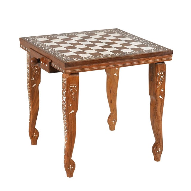 Far Pavilions Hand Inlaid Wooden Chess Board End Table With Wooden Pegs For Sale - Image 4 of 4