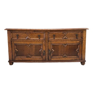 Vintage Jacobean Style Two Door Low Oak Storage Cabinet For Sale