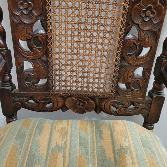 English Carved Walnut Barley Twist Throne Chair With Putti & Cane Back For Sale - Image 10 of 13