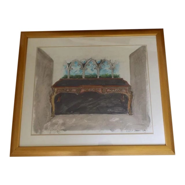 Mid 20th Century Gothic Interior Scene Mixed-Media Painting, Framed For Sale