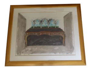 Mid 20th Century Gothic Interior Scene Mixed-Media Painting, Framed