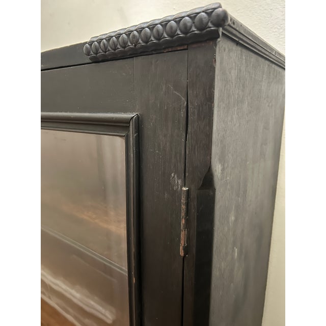 Wood 1900s Antique Black Painted Bookcase/Display Cabinet With Original Wavy Glass For Sale - Image 7 of 10