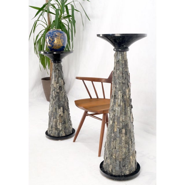 Pair of Polished & Rough Stone Tiles Cone Shape Non Matching Pair of Pedestals For Sale - Image 10 of 12