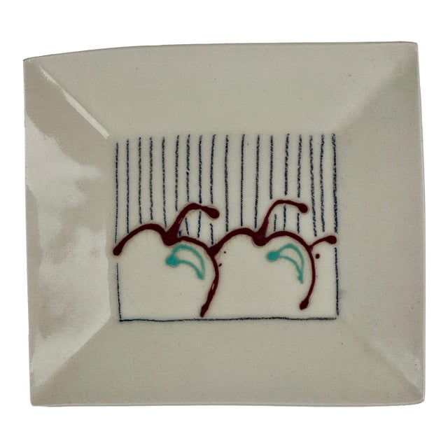Signed Vintage Rectangular Ceramic Art Plate With Fruit Design, C 1987 For Sale