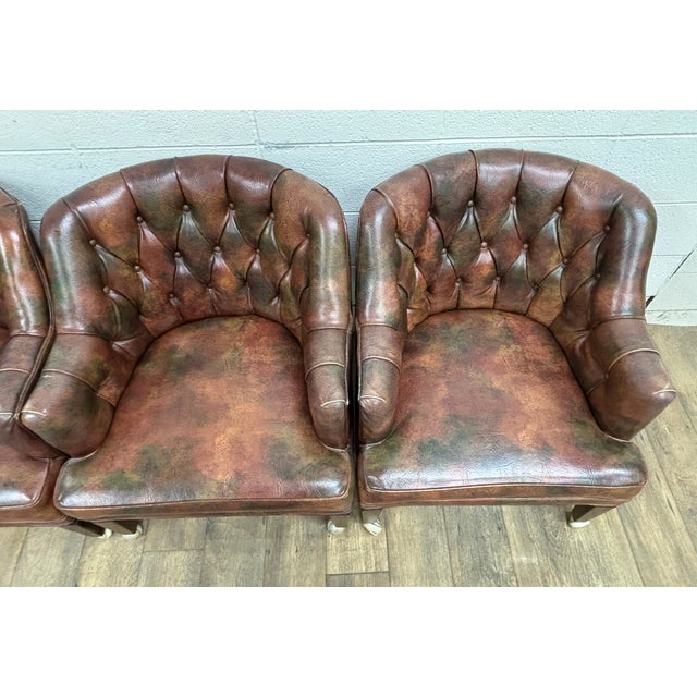 Late 20th Century Vintage Faux Leather Tufted Chesterfield Rolling Club Arm Chairs For Sale - Image 5 of 11