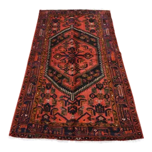 Hamedan Rug 4'2'' X 7' Red Wool Vintage Tribal Hand-Knotted Oriental Carpet