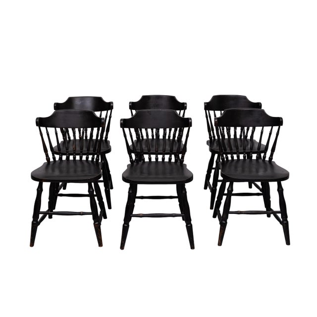Vintage Windsor Style Spindle-Back Dining Chairs in Black Oak, 1960, Set of 6 For Sale - Image 12 of 12
