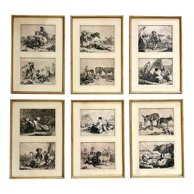 12 Antique Italian Pastoral Scenes 1762-1763 by Francesco Londonio, Milan, Italy Set of Six Giltwood Framed Original Period Prints For Sale
