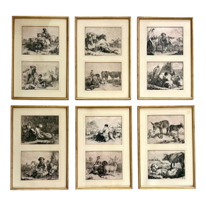 Antique Italian Pastoral Scenes 1762-1763 by Francesco Londonio, Milan, Italy Set of Six Giltwood Framed, 12 Original Period Prints