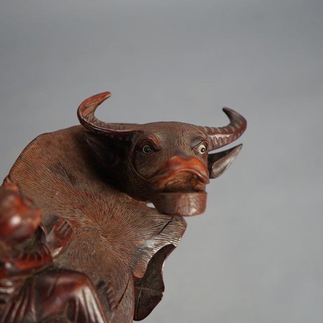 Antique Chinese Carved Wood Sculpture of Water Buffalo with Figures, Circa 1920 For Sale - Image 10 of 10