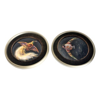 Miniature Enamel Medallion Paintings of a Bird and a Fish by Lossier,Switzerland, 1950s, Set of 2 For Sale