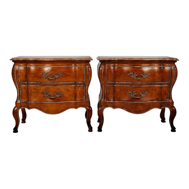 Late 20th Century Pair of Judson Rothschild Style Anastasia Collection Italian Rococo Bombe Walnut Nightstands | Louis XV Style For Sale