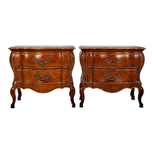 Late 20th Century Pair of Judson Rothschild Style Anastasia Collection Italian Rococo Bombe Walnut Nightstands | Louis XV Style