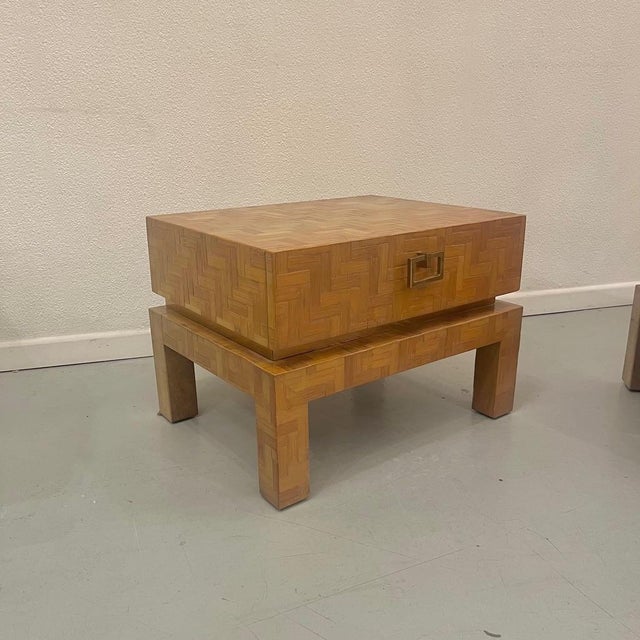 A lovely pair of bamboo bedside tables with chevron patterns and brass details, probably made in Italy by Dal Vera around...