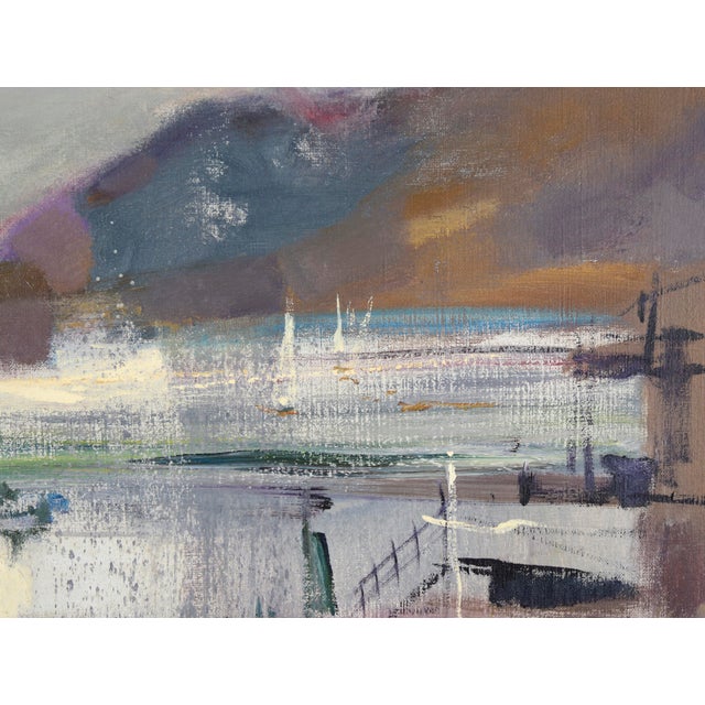 Post Impressionist "Rain-Drenched Marina" Mid Century Modern Oakland Seascape in Oil on Linen by Carol Sideman For Sale - Image 3 of 9