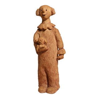 Signed Hand-Formed Whimsical Primitive Folk Art Clay Clown Sculpture With Dog For Sale