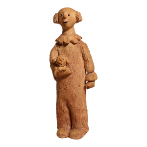 Signed Hand-Formed Whimsical Primitive Folk Art Clay Clown Sculpture With Dog