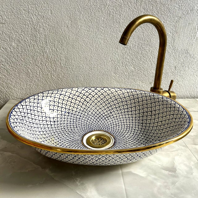 Blue Farmhouse Minimalist Oval Sink With 14k Gold Rim Bathroom Sink, Oval Handmade Ceramic For Sale - Image 8 of 9
