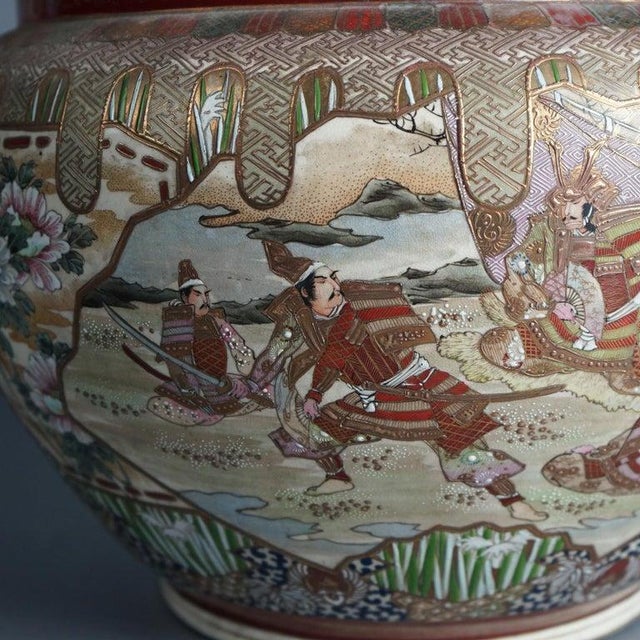 Antique Japanese Satsuma Pottery Floor Urn, Exterior Landscape Scene with Figures, C1920 Measures - 12"h x 16.25"diam