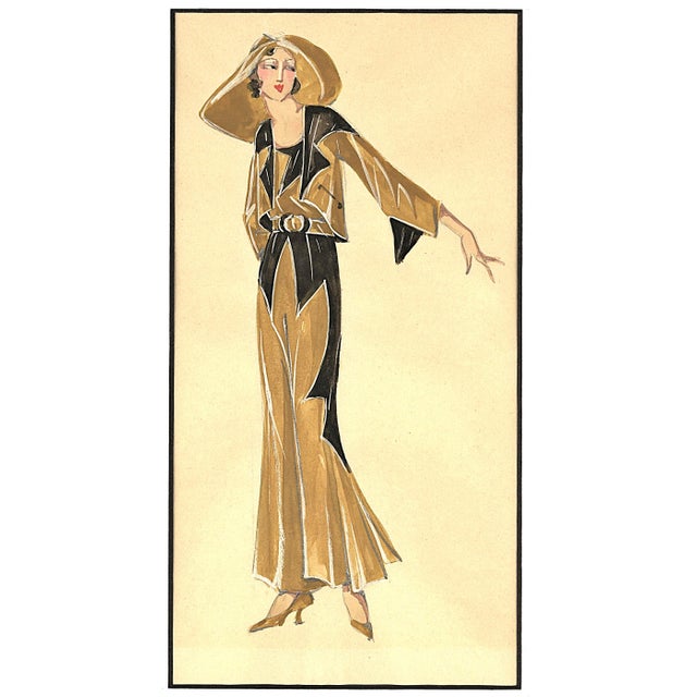 Art Deco 1933 Pair-Original French Watercolor Fashion Drawings-American West Cowgirl, Matted For Sale - Image 3 of 7