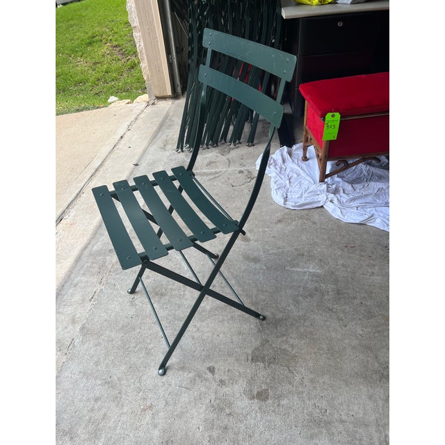 Vintage Moulin Galland French Green Bistro Foldable Chairs - Set of 14 For Sale - Image 4 of 12