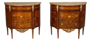 Louis XVI Style, Demilune Commodes, a Pair, Inlaid, Bronze, France, 19th C.