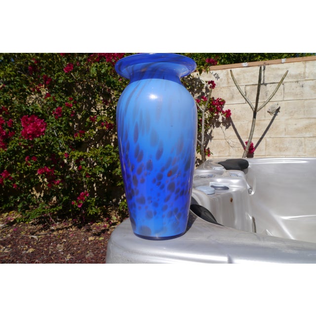 Stunning Blue Ombre Cased Art Glass Vase with Gold Glitter Drip Swirl Accents Hand Blown 11.25" Tall with a base of 3.5"...