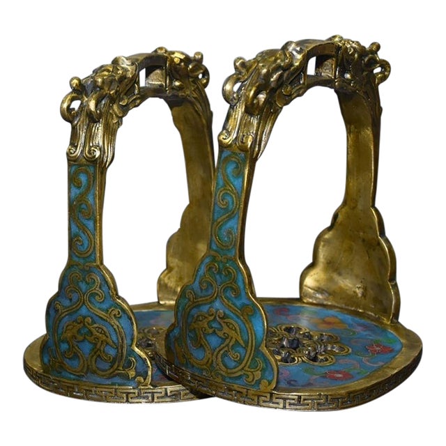 Pair of Antique Cloisonné Enamel Stirrups With Dragon Motif, 1.89kg For Sale