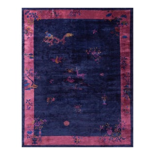 1920s Blue Navy Floral Animal Antique Chinese Art Deco Carpet 9' X 11'6" Knotted Wool Rug For Sale