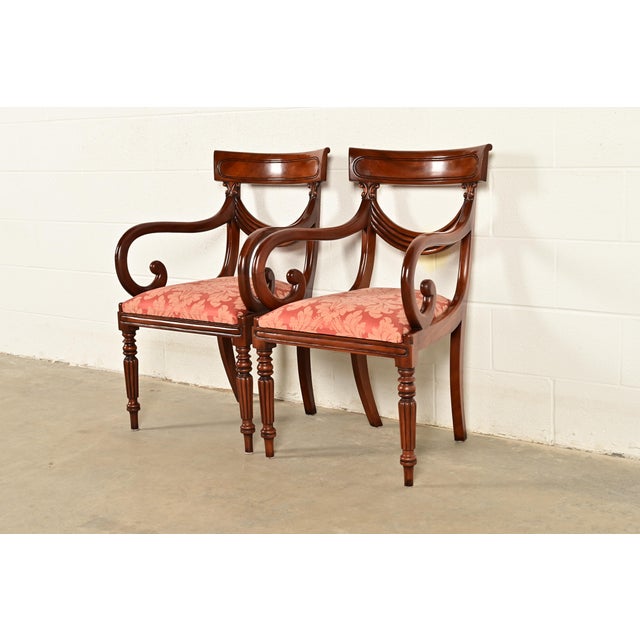French Provincial Baker Furniture Style English Regency Carved Mahogany Armchairs, Pair For Sale - Image 3 of 14