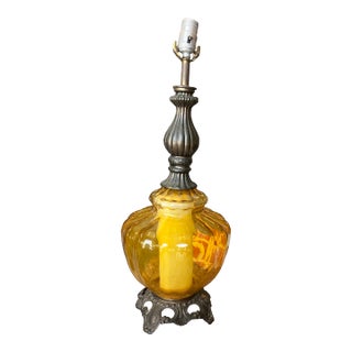 1970s Mid Century Modern Yellow Bulbous Glass and Metal Table Lamp For Sale