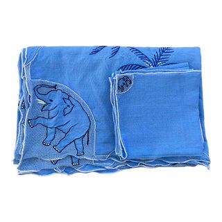 Vintage Embroidered Elephant Tablecloth and Napkins-Set of 7 For Sale