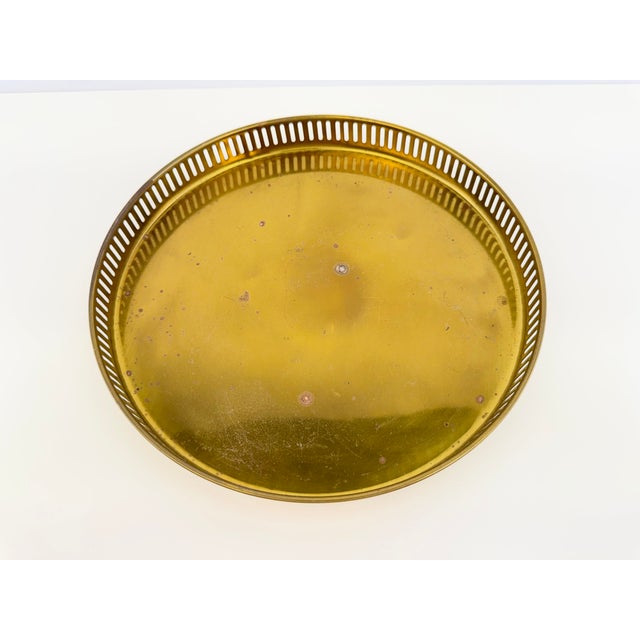 Brass Vintage Hollywood Regency Round Brass Gallery Tray With Pierced Rim For Sale - Image 8 of 9