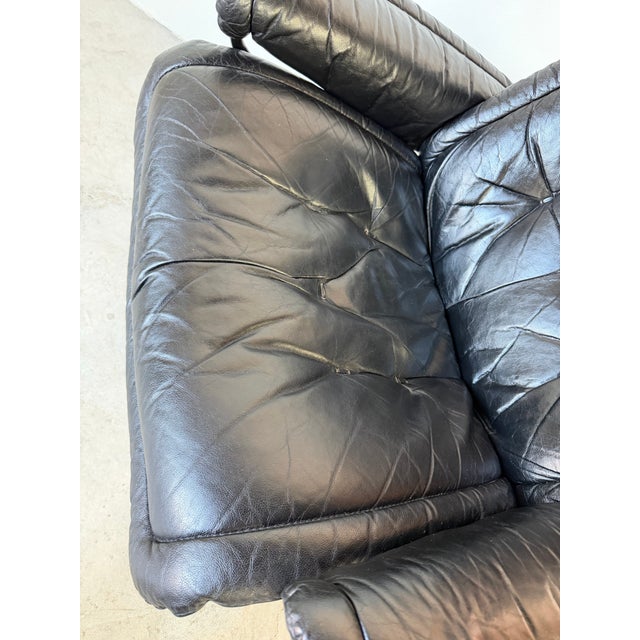 Wood Vintage Norwegian Ekornes Stressless Black Leather Recliner Lounge Chair With Ottoman For Sale - Image 7 of 12