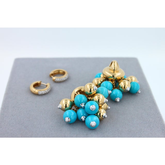 Blue Turquoise Diamonds Golden Sphere Bells Motif Two Tone Gold Huggie Earrings, A Pair For Sale - Image 12 of 14