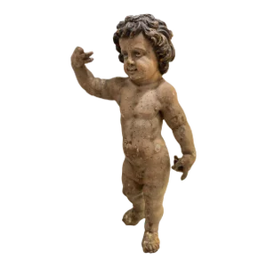 17thc French Antique Carved and Polychromed Putto/ Cherub/ Baby Wood Sculpture