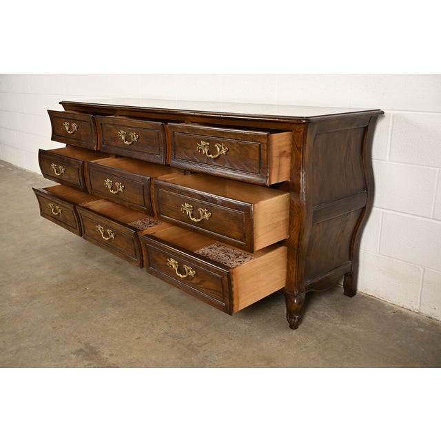 Baker Furniture French Provincial Louis XV Carved Oak and Burl Wood Triple Dresser or Credenza For Sale In South Bend - Image 6 of 16