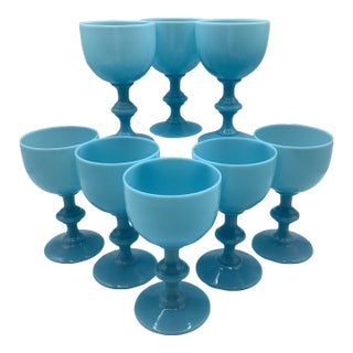 Vintage 30s Portieux Vallerysthal France Blue Opaline Wine Glasses - Set of 8 For Sale
