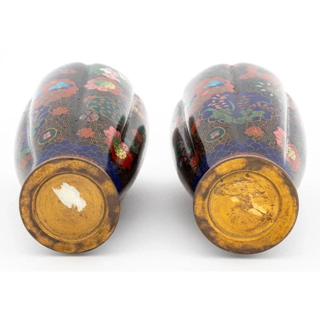 Mid 20th Century Japanese Cloisonne Lobed Vases, Pair For Sale - Image 5 of 6