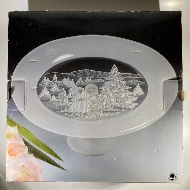Mikasa Walther-Glass 13” Footed Cake Plate Outdoor Winter Christmas Germany NIB Adorable little Girl with a Christmas Tree...