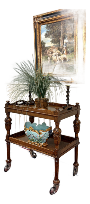 Antique English Trolley Tea Cart Pastry Cocktail Bar Cart Tray Tudor Oak 1930s 1