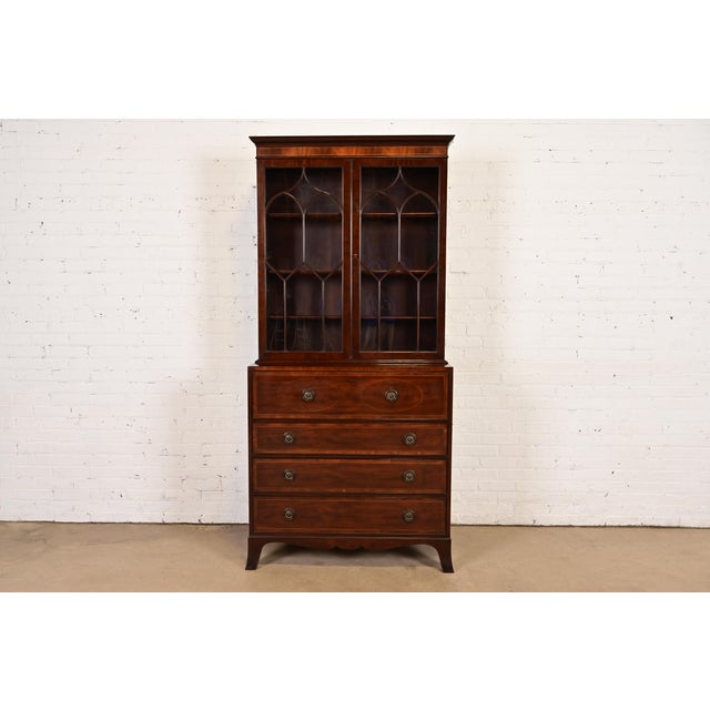 1980s Baker Furniture Georgian Inlaid Mahogany Breakfront Bookcase Cabinet With Drop Front Secretary Desk For Sale - Image 13 of 13