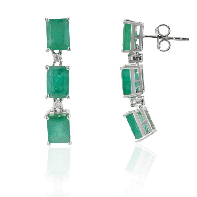 Art Deco Art Deco Natural 6.32 Ct Octagon Emerald & Diamond Three Stone Dangle Earrings - 2 Pieces For Sale - Image 3 of 11