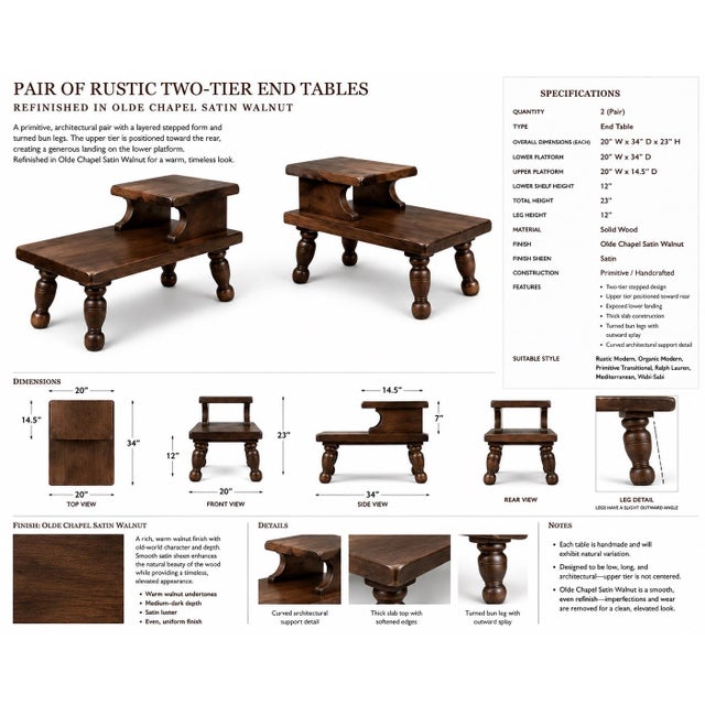 Late 20th Century Rustic Primitive Solid Wood Coffee Table & Matching Two-Tier End Tables — Refinished in Old Chapel Satin Walnut For Sale - Image 4 of 6