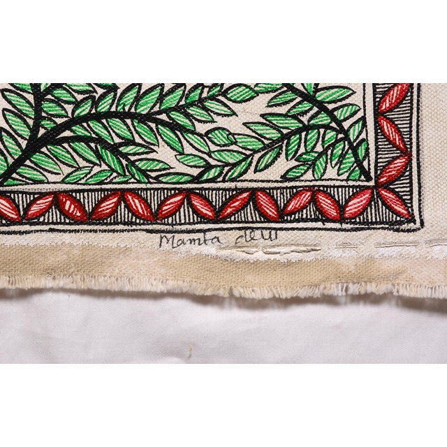 Folk Art Mamta Devi, 2016 National Award-Winning Artist – Hand-Painted Madhubani Folk Painting on Canvas, Twin Peacocks & Botanical Motifs For Sale - Image 3 of 4