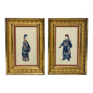 Pair Chinese Qing Court Costume Lithographs in Elaborate Gilt Frames, C. 1900 For Sale